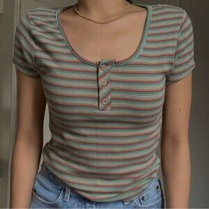 Primark size medium red green multicolored stripped short sleeve tee shirt